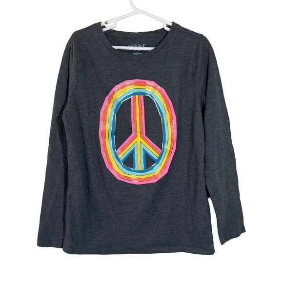 Cat & Jack Girls Long Sleeve T Shirt Medium 7/8 Rainbow Peace Sign Charcoal Gray - Picture 1 of 4